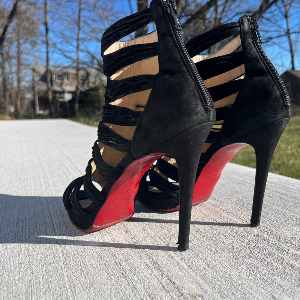 Christian Louboutin RARE Peep-Toe Suede Caged Strappy Heel/bootie— Black